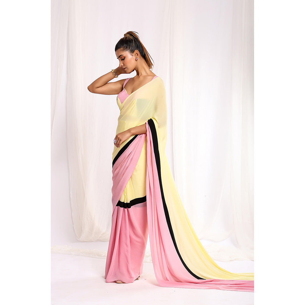Ellemora Pink Blush & Buttercup Dawn Pre-Draped Saree with Stitched Blouse