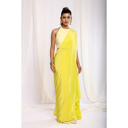 Ellemora Yellow Tie Dye Pre-Draped Saree with Stitched Blouse