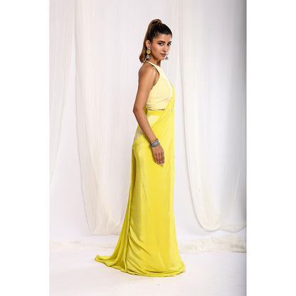 Ellemora Yellow Tie Dye Pre-Draped Saree with Stitched Blouse