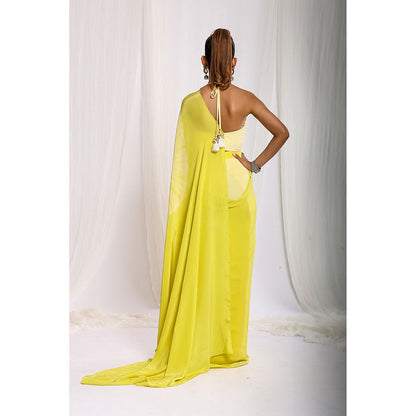 Ellemora Yellow Tie Dye Pre-Draped Saree with Stitched Blouse