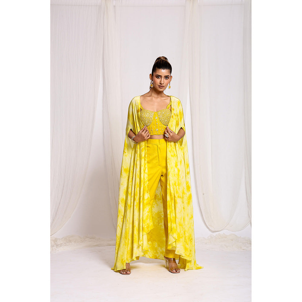 Ellemora Yellow Luminous Tie-Dye Trio Crop Top with Pant and Cape (Set of 3)