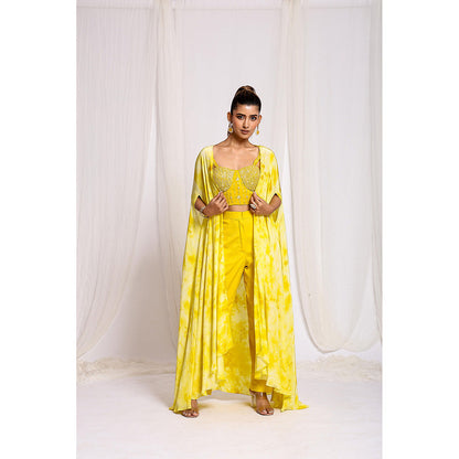 Ellemora Yellow Luminous Tie-Dye Trio Crop Top with Pant and Cape (Set of 3)
