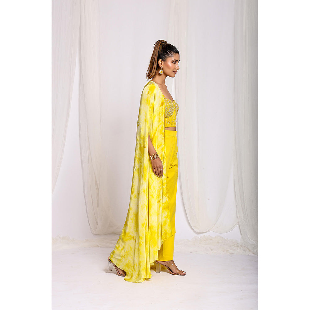 Ellemora Yellow Luminous Tie-Dye Trio Crop Top with Pant and Cape (Set of 3)