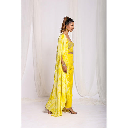 Ellemora Yellow Luminous Tie-Dye Trio Crop Top with Pant and Cape (Set of 3)