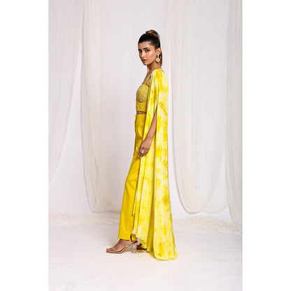 Ellemora Yellow Luminous Tie-Dye Trio Crop Top with Pant and Cape (Set of 3)