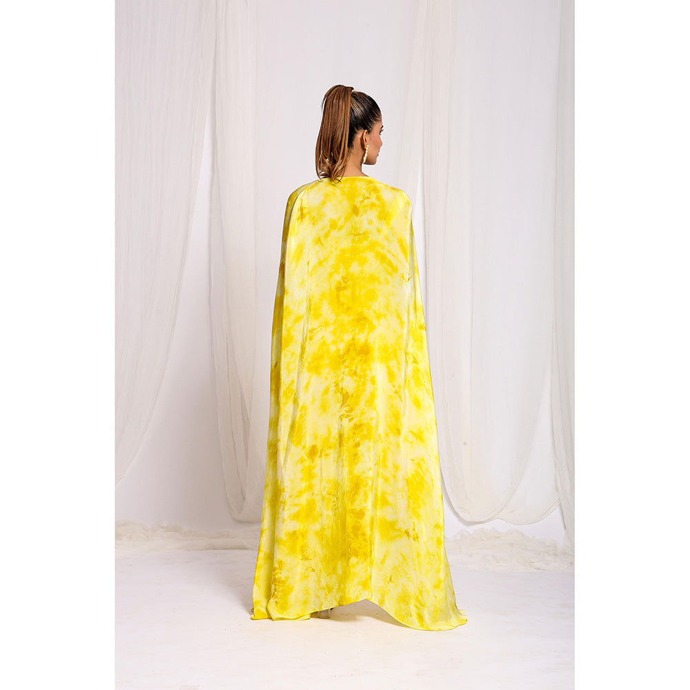Ellemora Yellow Luminous Tie-Dye Trio Crop Top with Pant and Cape (Set of 3)