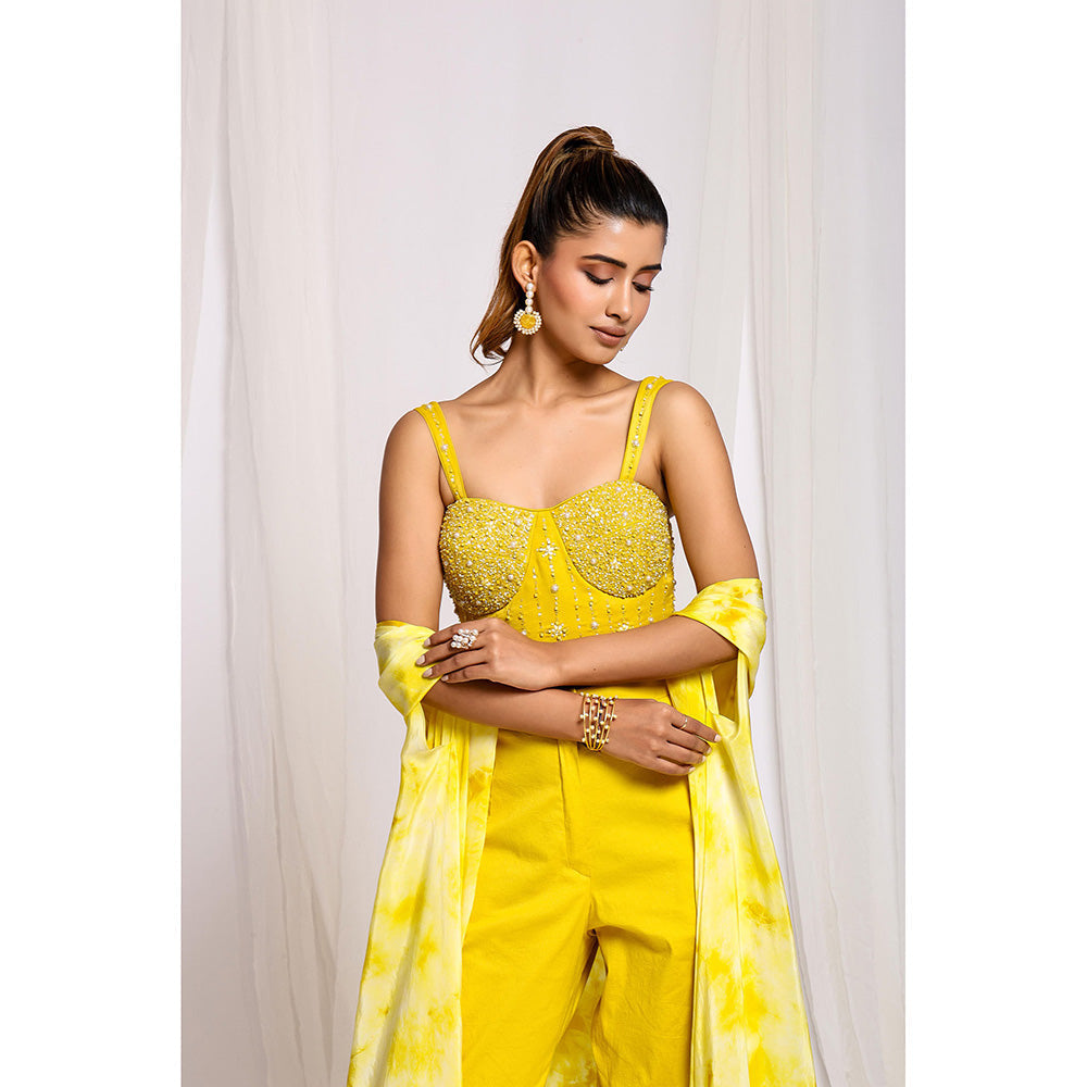 Ellemora Yellow Luminous Tie-Dye Trio Crop Top with Pant and Cape (Set of 3)