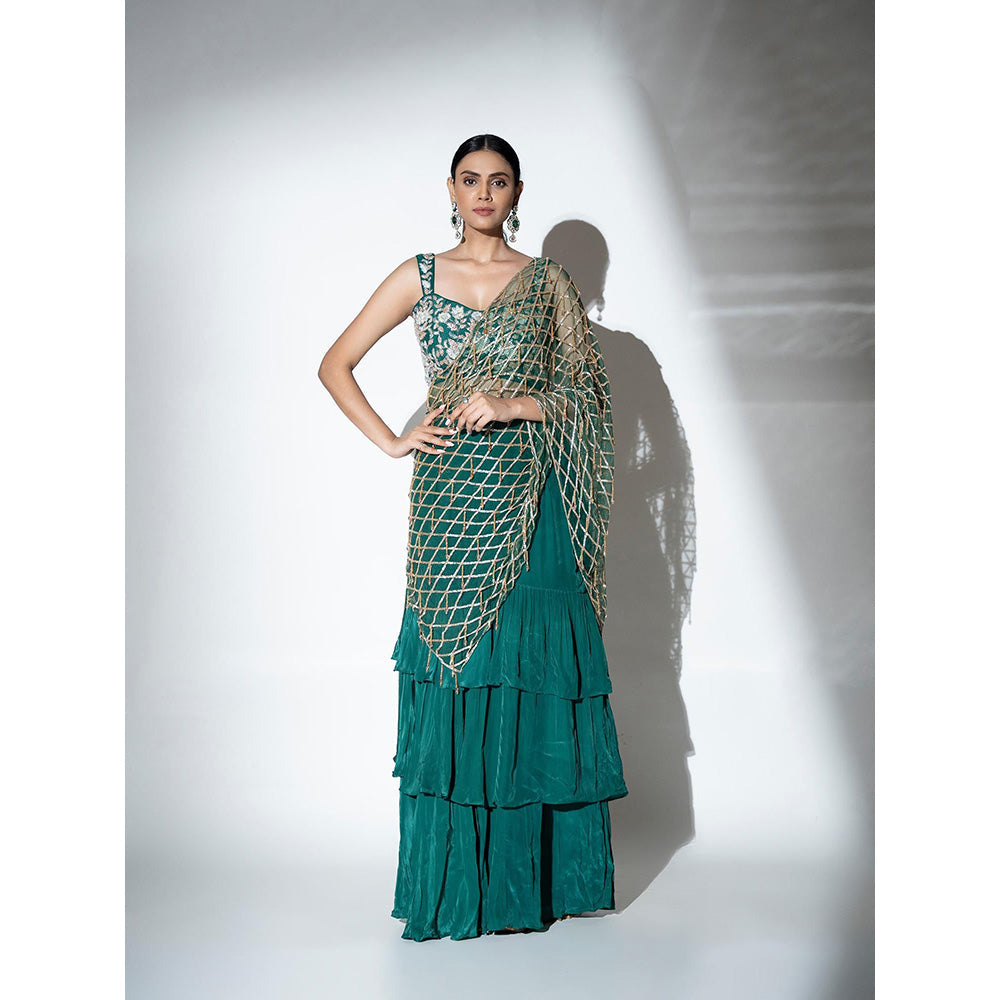 Ellemora Green Glimmer Pre Drape Saree with Stitched Blouse