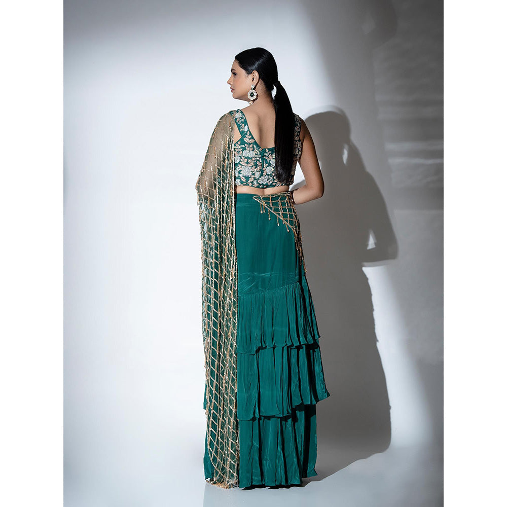 Ellemora Green Glimmer Pre Drape Saree with Stitched Blouse