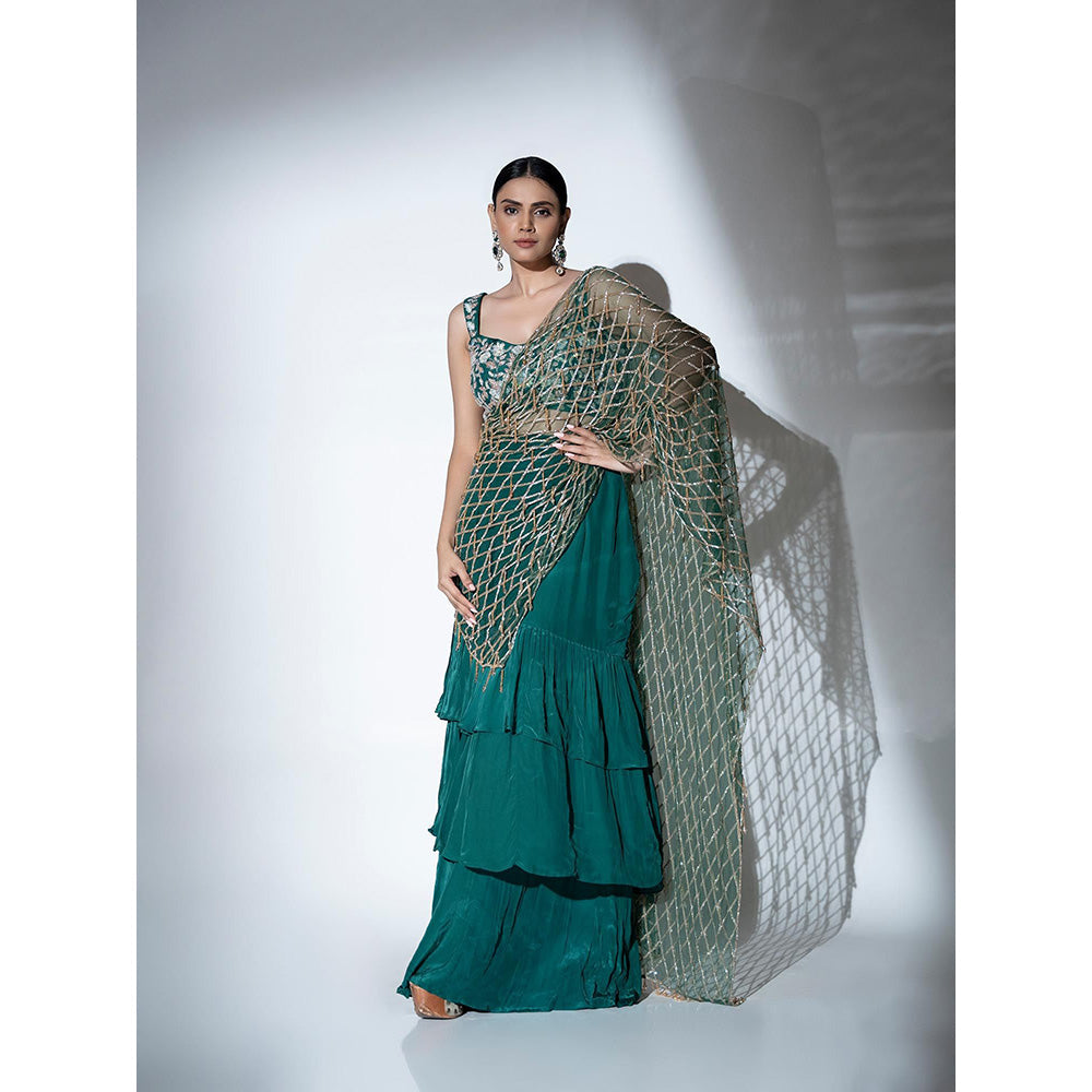 Ellemora Green Glimmer Pre Drape Saree with Stitched Blouse