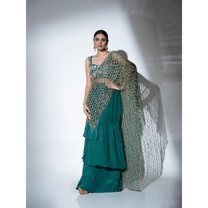 Ellemora Green Glimmer Pre Drape Saree with Stitched Blouse