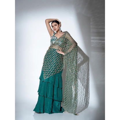 Ellemora Green Glimmer Pre Drape Saree with Stitched Blouse