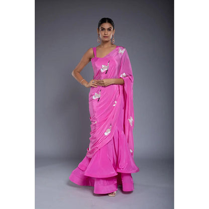 Ellemora Pink Flounce Pre Drape Saree with Stitched Blouse