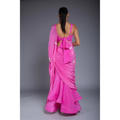 Ellemora Pink Flounce Pre Drape Saree with Stitched Blouse