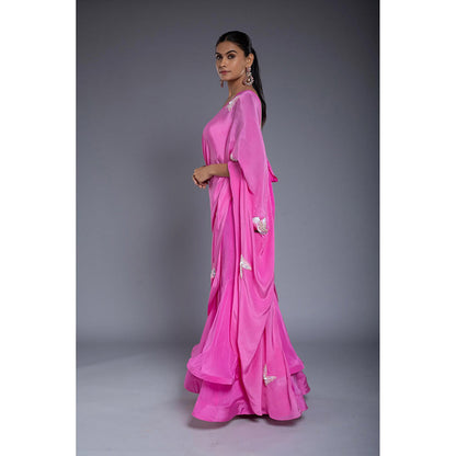 Ellemora Pink Flounce Pre Drape Saree with Stitched Blouse