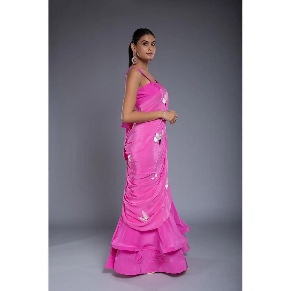 Ellemora Pink Flounce Pre Drape Saree with Stitched Blouse