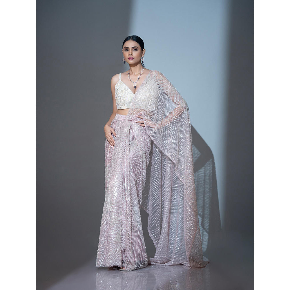 Ellemora Ivory Bloom Pre Drape Saree with Stitched Blouse