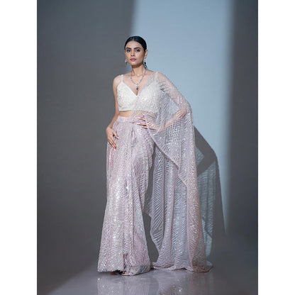 Ellemora Ivory Bloom Pre Drape Saree with Stitched Blouse