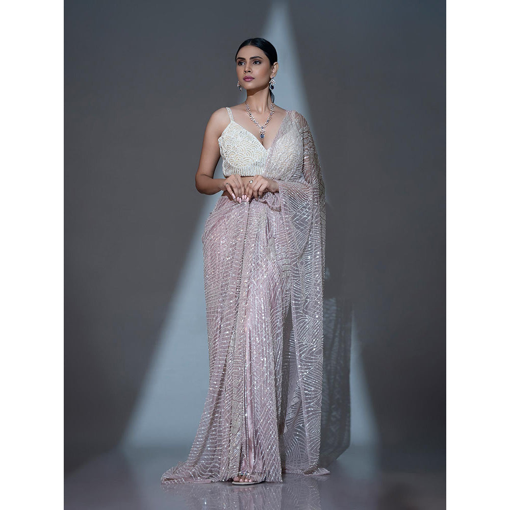Ellemora Ivory Bloom Pre Drape Saree with Stitched Blouse