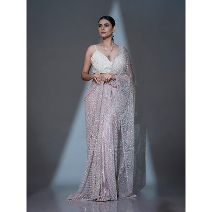Ellemora Ivory Bloom Pre Drape Saree with Stitched Blouse