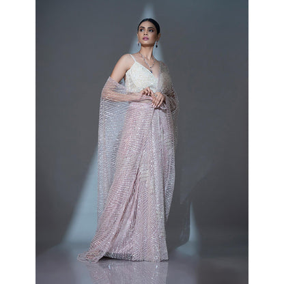 Ellemora Ivory Bloom Pre Drape Saree with Stitched Blouse