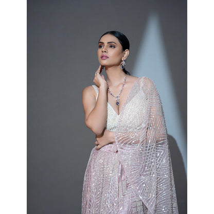 Ellemora Ivory Bloom Pre Drape Saree with Stitched Blouse