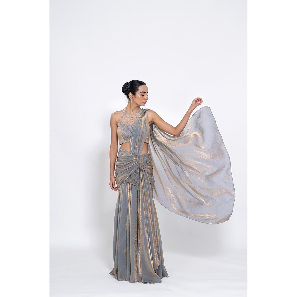 Ellemora Silver Foil Beads Stones Pre Drape Saree with Stitched Blouse