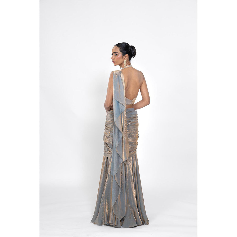 Ellemora Silver Foil Beads Stones Pre Drape Saree with Stitched Blouse