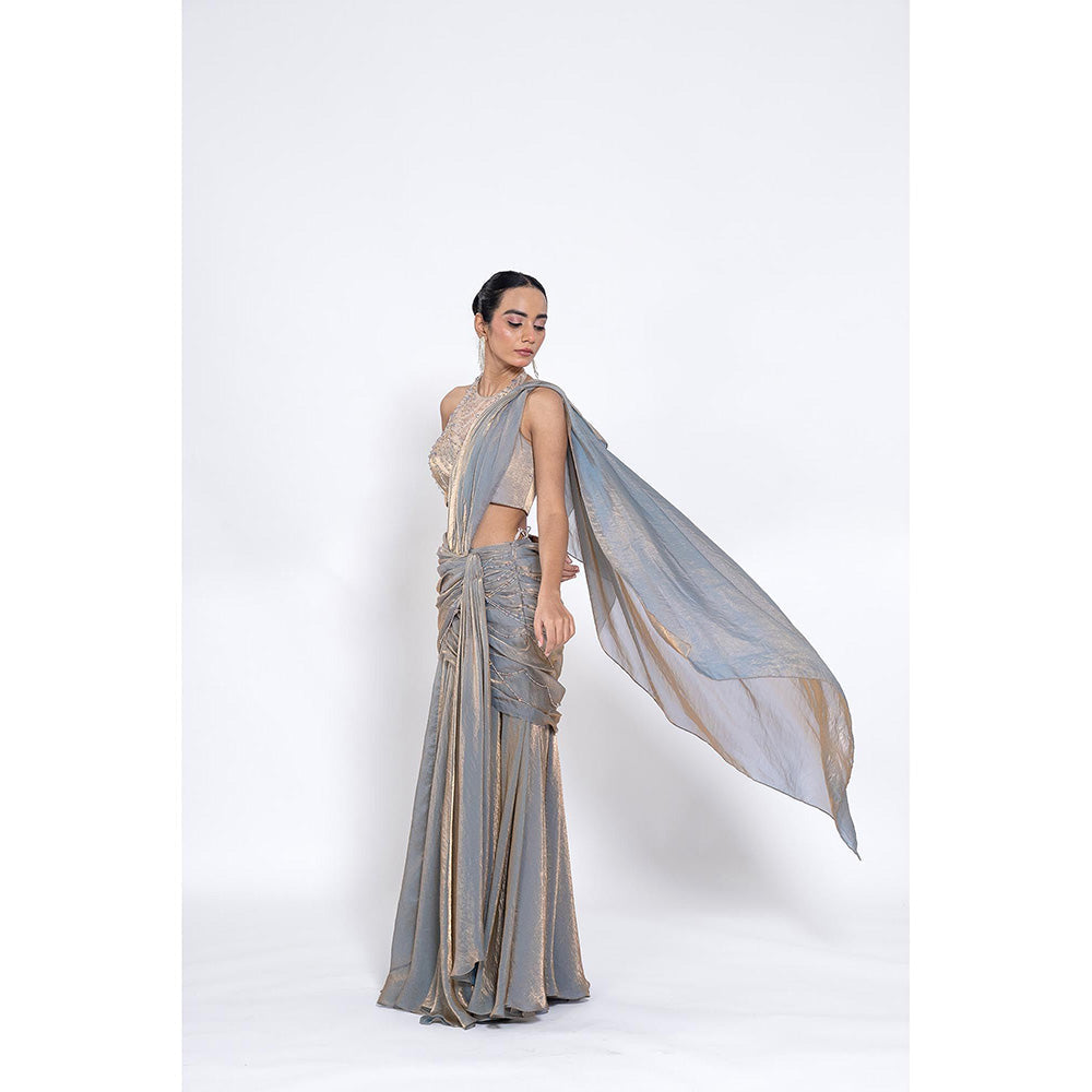 Ellemora Silver Foil Beads Stones Pre Drape Saree with Stitched Blouse