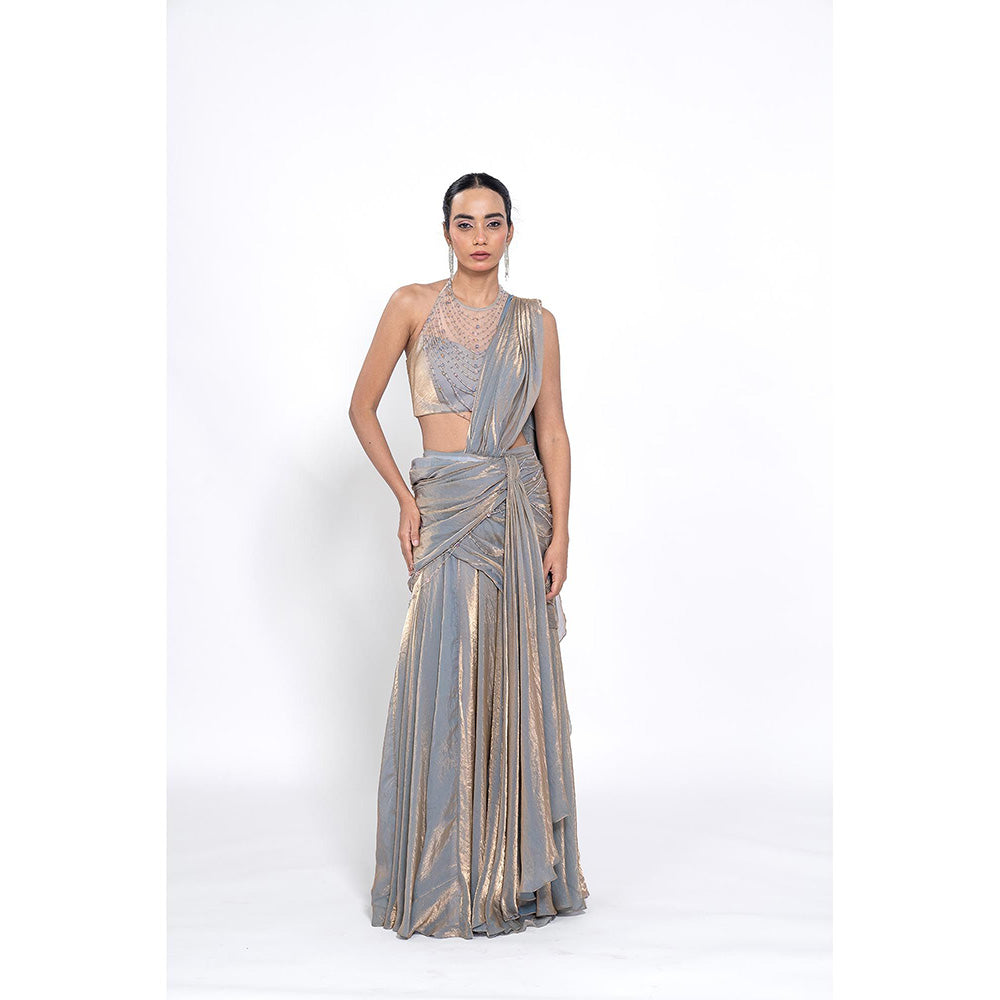 Ellemora Silver Foil Beads Stones Pre Drape Saree with Stitched Blouse