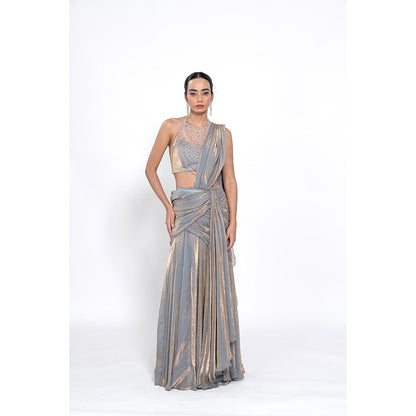Ellemora Silver Foil Beads Stones Pre Drape Saree with Stitched Blouse