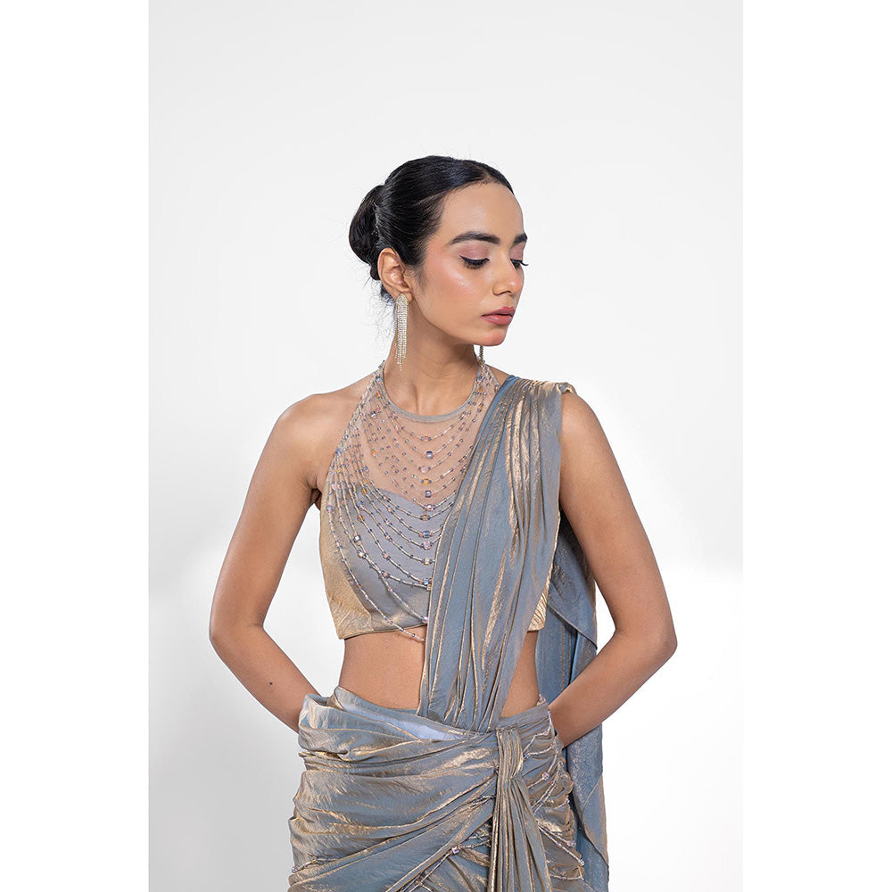 Ellemora Silver Foil Beads Stones Pre Drape Saree with Stitched Blouse