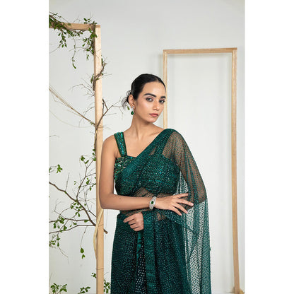 Ellemora Emerald Mist Pre Drape Saree with Stitched Blouse