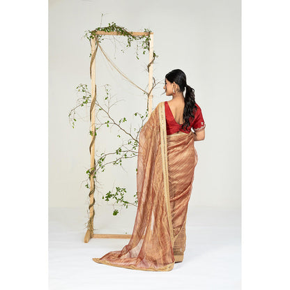 Ellemora Copper Gold Lace Work Saree with Stitched Blouse