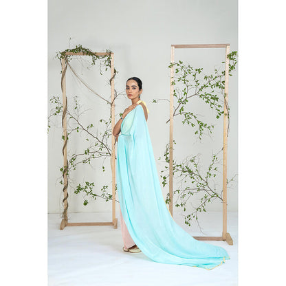Ellemora Aqua Buttercup Breeze Pre Drape Saree with Stitched Blouse