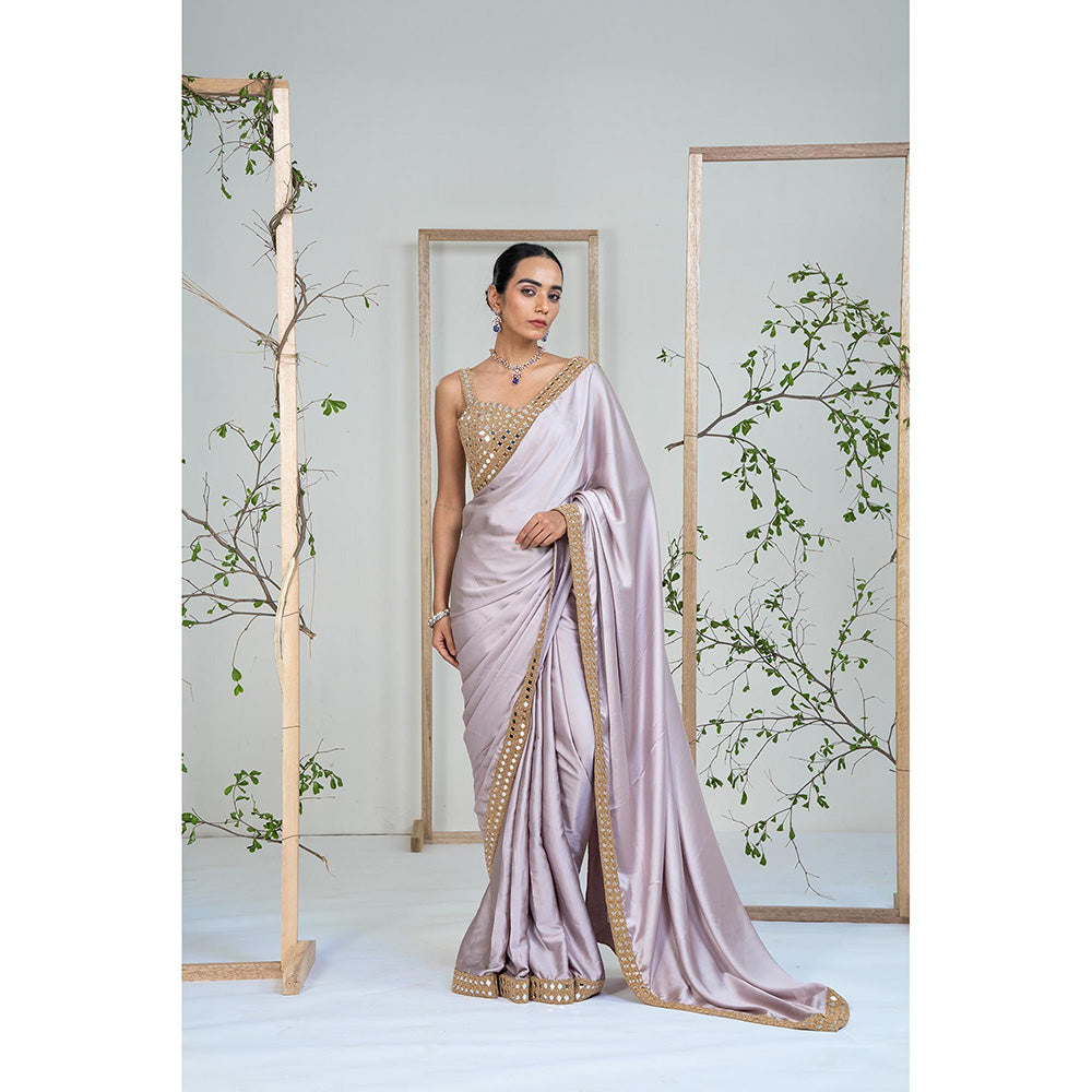 Ellemora Lavender Satin Lustre Mirror Work Saree with Stitched Blouse