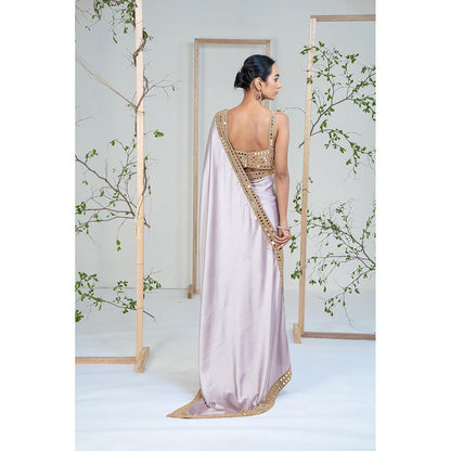 Ellemora Lavender Satin Lustre Mirror Work Saree with Stitched Blouse