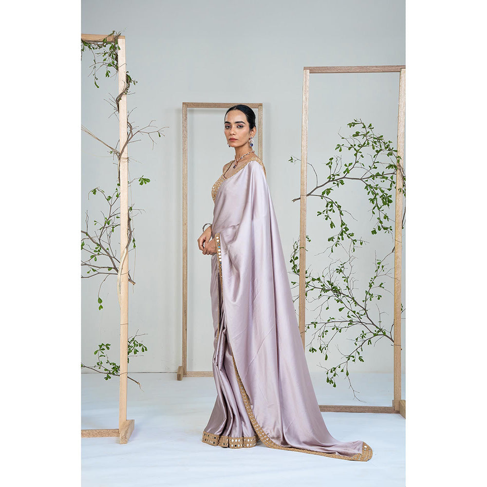 Ellemora Lavender Satin Lustre Mirror Work Saree with Stitched Blouse