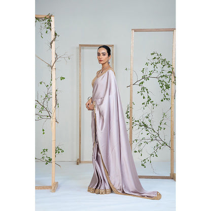 Ellemora Lavender Satin Lustre Mirror Work Saree with Stitched Blouse