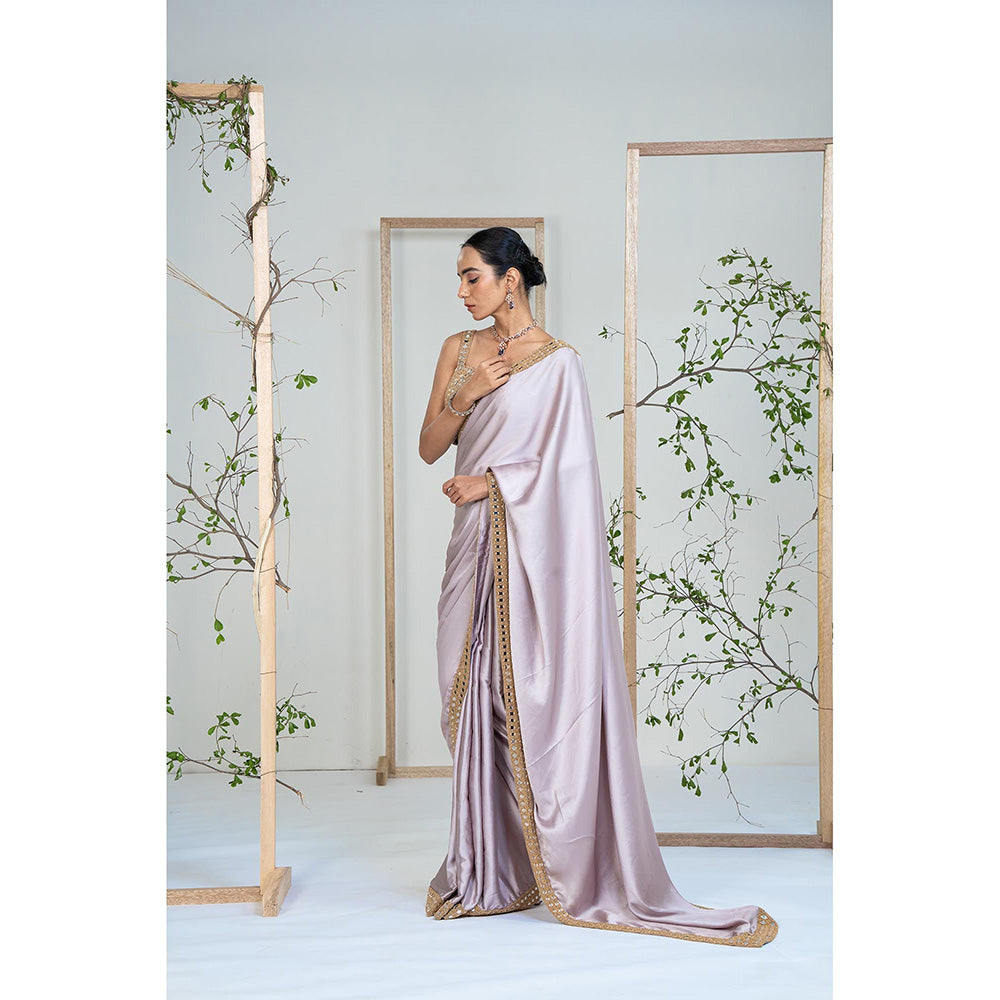 Ellemora Lavender Satin Lustre Mirror Work Saree with Stitched Blouse