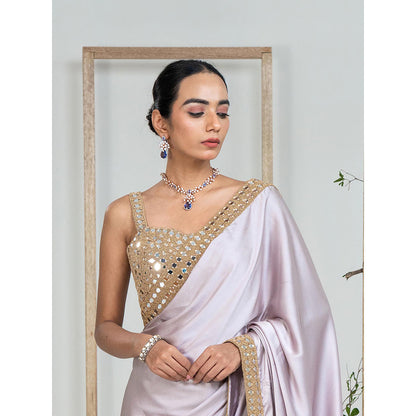 Ellemora Lavender Satin Lustre Mirror Work Saree with Stitched Blouse