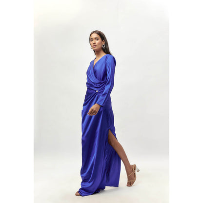 EMBLAZE Blue Satin Drape Full Sleeve Dress