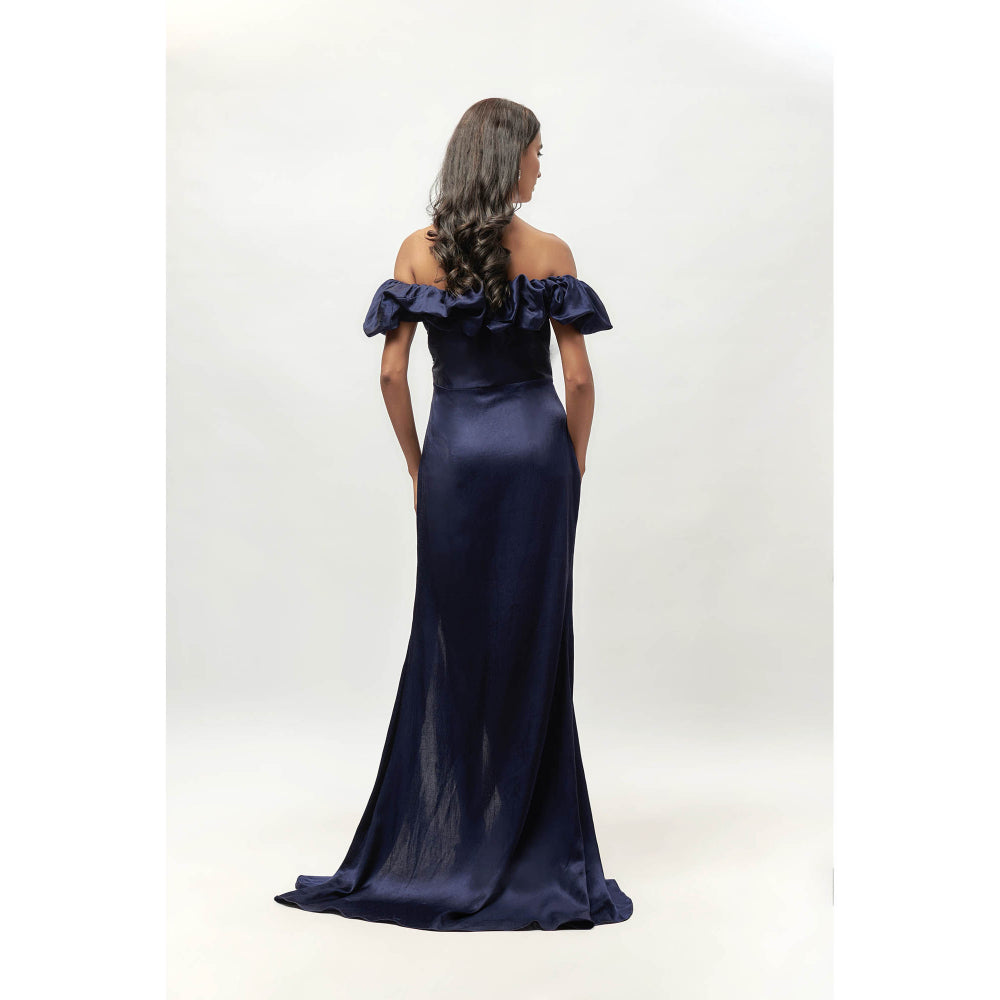 EMBLAZE Navy Blue Ruffle Off Shoulder Gown
