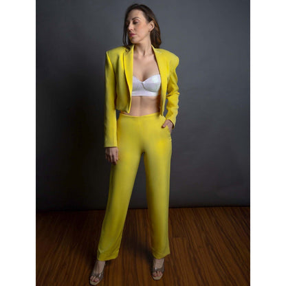 EMBLAZE Yellow Viscose Pant with Bustier and Blazer
