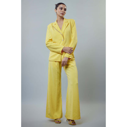 EMBLAZE Yellow Banana Crepe Embellished Blazer with Pant