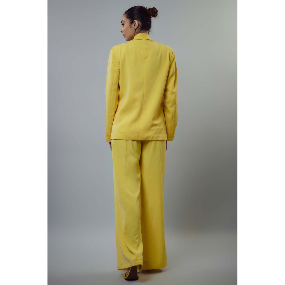 EMBLAZE Yellow Banana Crepe Embellished Blazer with Pant