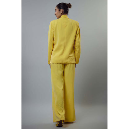 EMBLAZE Yellow Banana Crepe Embellished Blazer with Pant