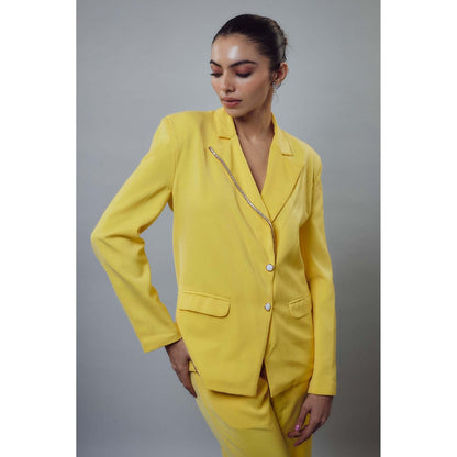 EMBLAZE Yellow Banana Crepe Embellished Blazer with Pant