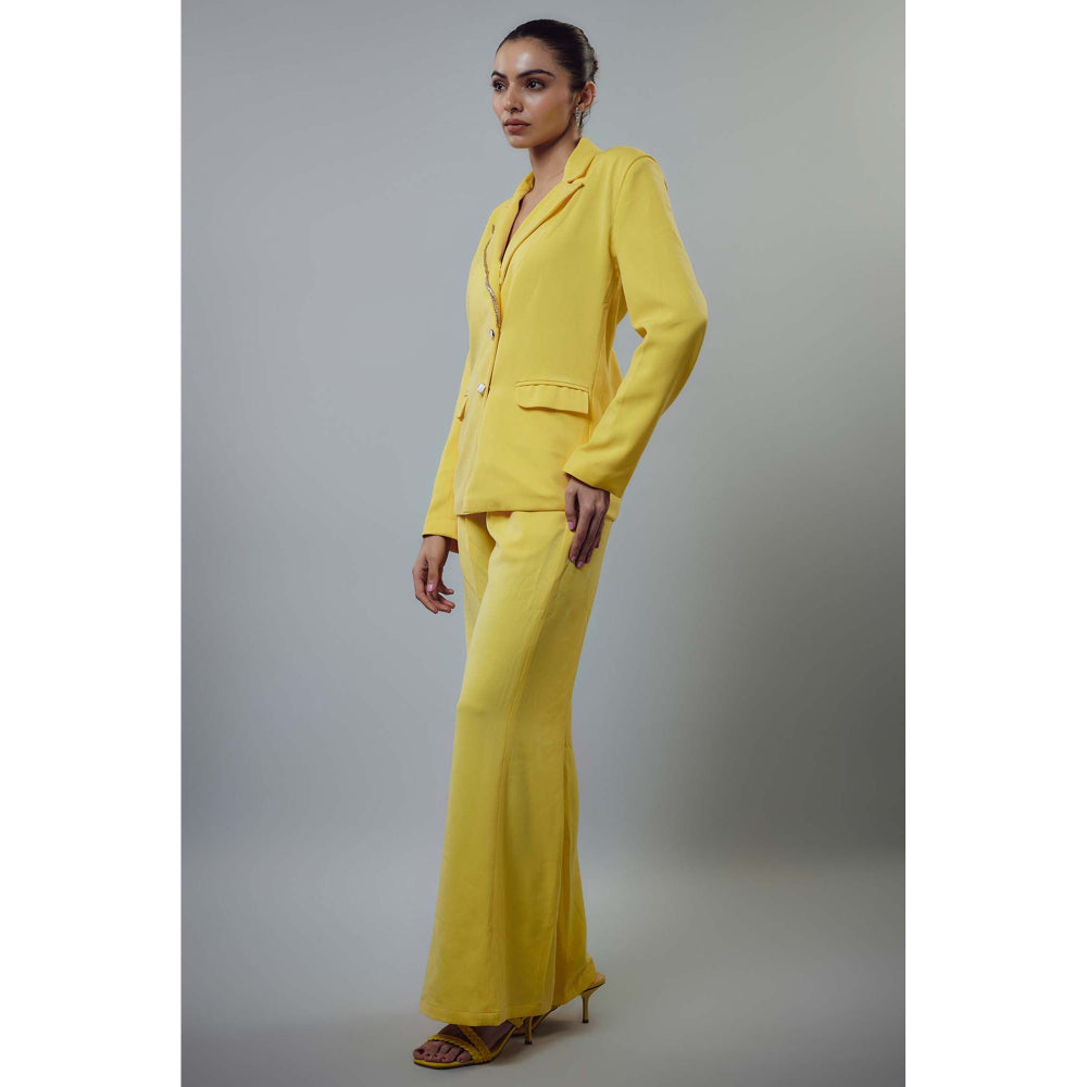 EMBLAZE Yellow Banana Crepe Embellished Blazer with Pant