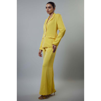 EMBLAZE Yellow Banana Crepe Embellished Blazer with Pant